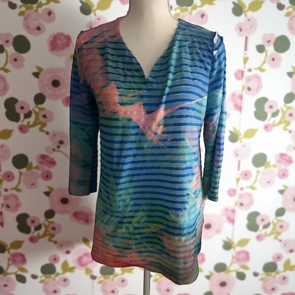 SOFT SURROUNDINGS Tropical Striped Tunic Top Size L - Picture 1 of 7